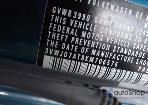 2019 Volkswagen Beetle 2.0T Se z USA, uszkodzony, nr VIN 3VWJD7AT8KM706575